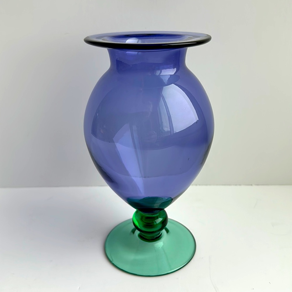 VTG Tiffin Blown Glass Pedestal Vase Violet Purple & Emerald Green Ball Stem 7”H